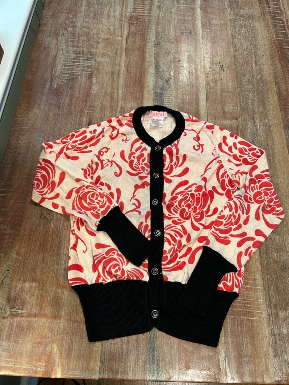 Knitwit Rare VTG Red/Cream Cashmere/Silk Cardigan with Black Trim
